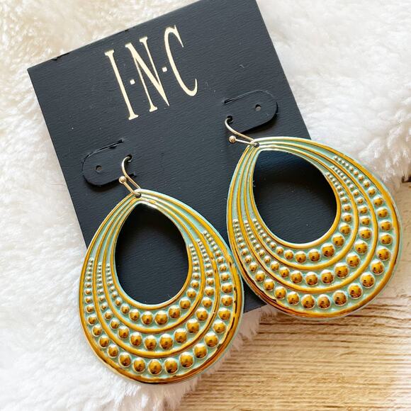 INC Oval Textured Drop Earrings Gold Tone Turquoise New - Picture 1 of 6